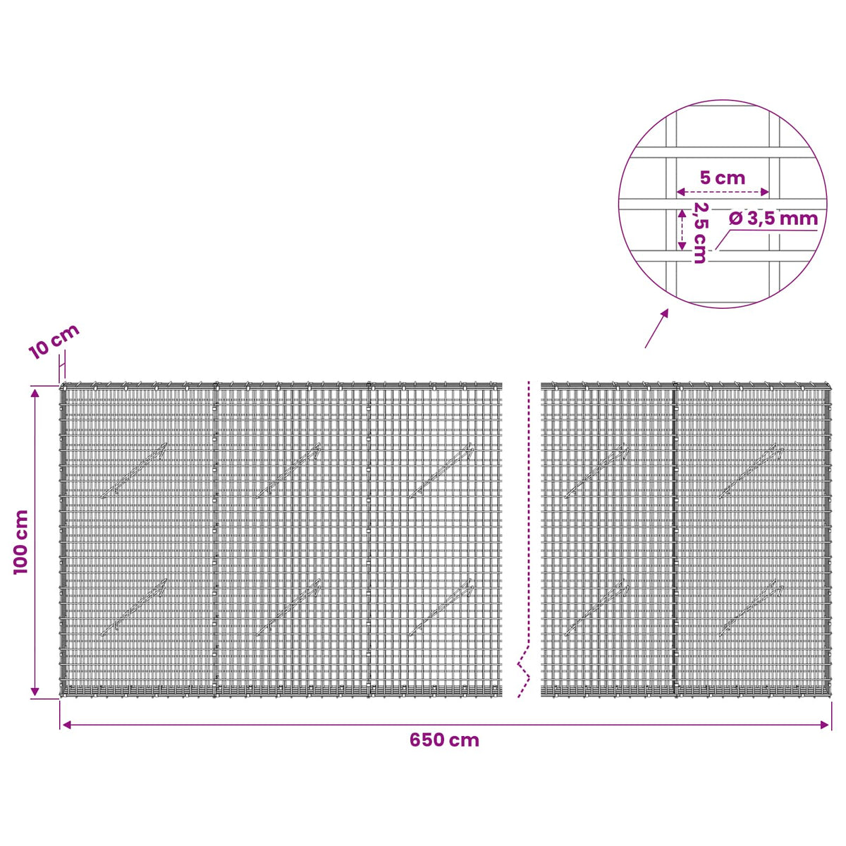vidaXL Gabion z drutu 3,5 mm i siatką 5x2,5 cm 650x10x100 cm