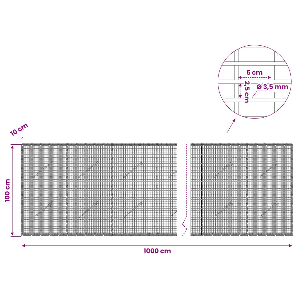 vidaXL Gabion z drutu 3,5 mm i siatką 5x2,5 cm 1000x10x100 cm