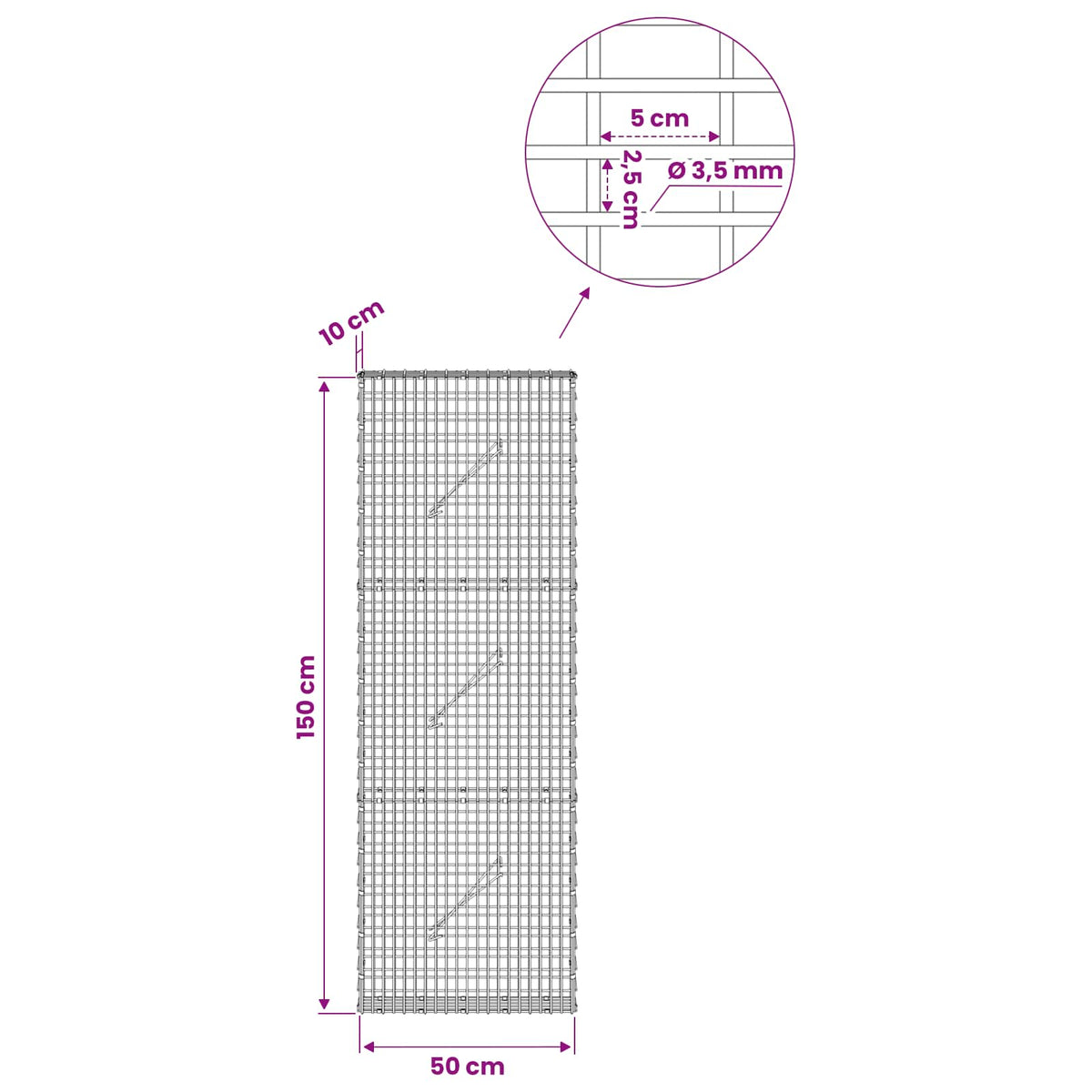 vidaXL Gabion z drutu 3,5 mm i siatką 5x2,5 cm 50x10x150 cm