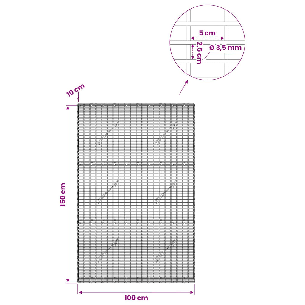vidaXL Gabion z drutu 3,5 mm i siatką 5x2,5 cm 100x10x150 cm
