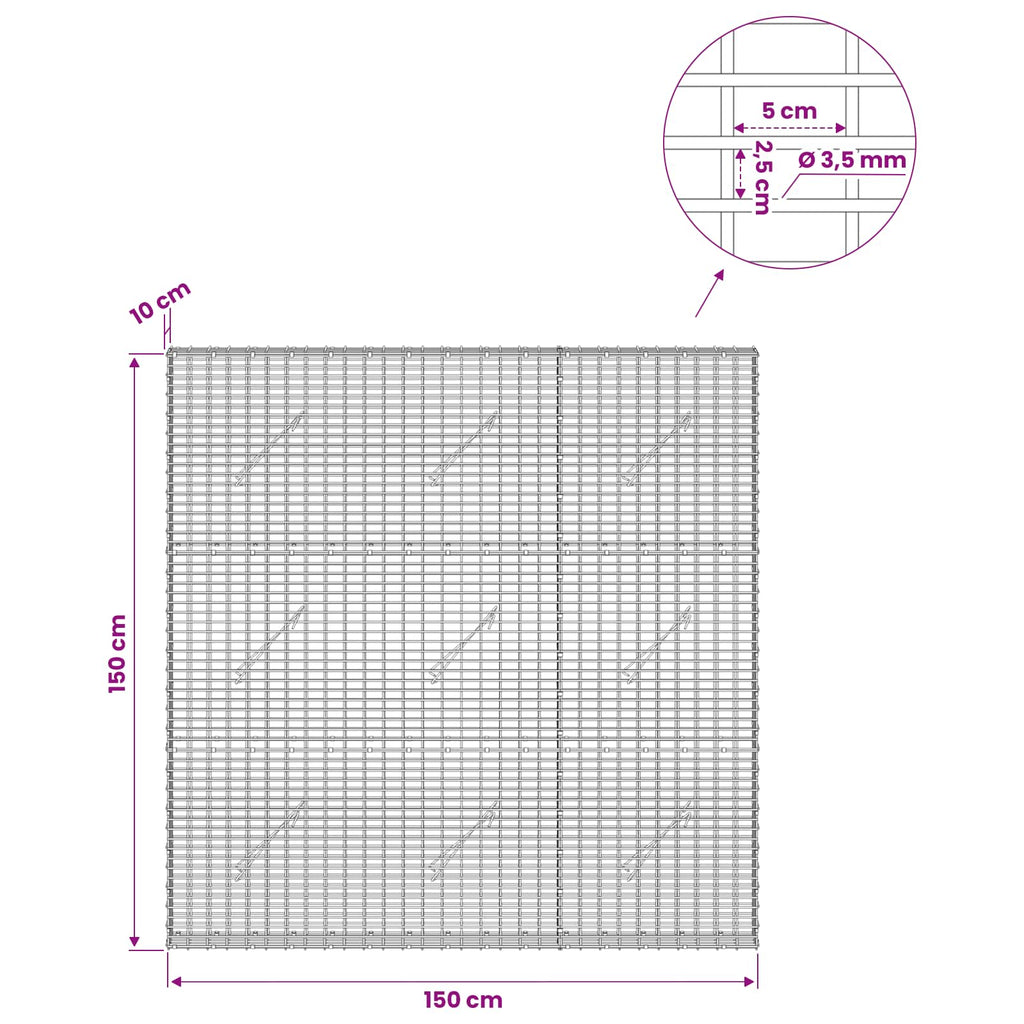 vidaXL Gabion z drutu 3,5 mm i siatką 5x2,5 cm 150x10x150 cm