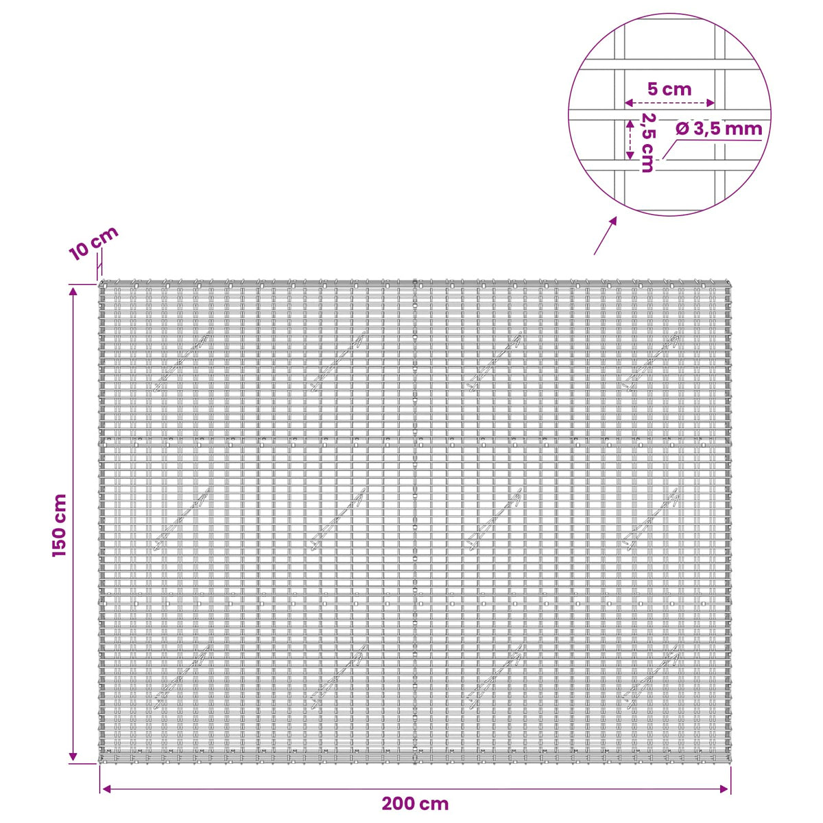 vidaXL Gabion z drutu 3,5 mm i siatką 5x2,5 cm 200x10x150 cm