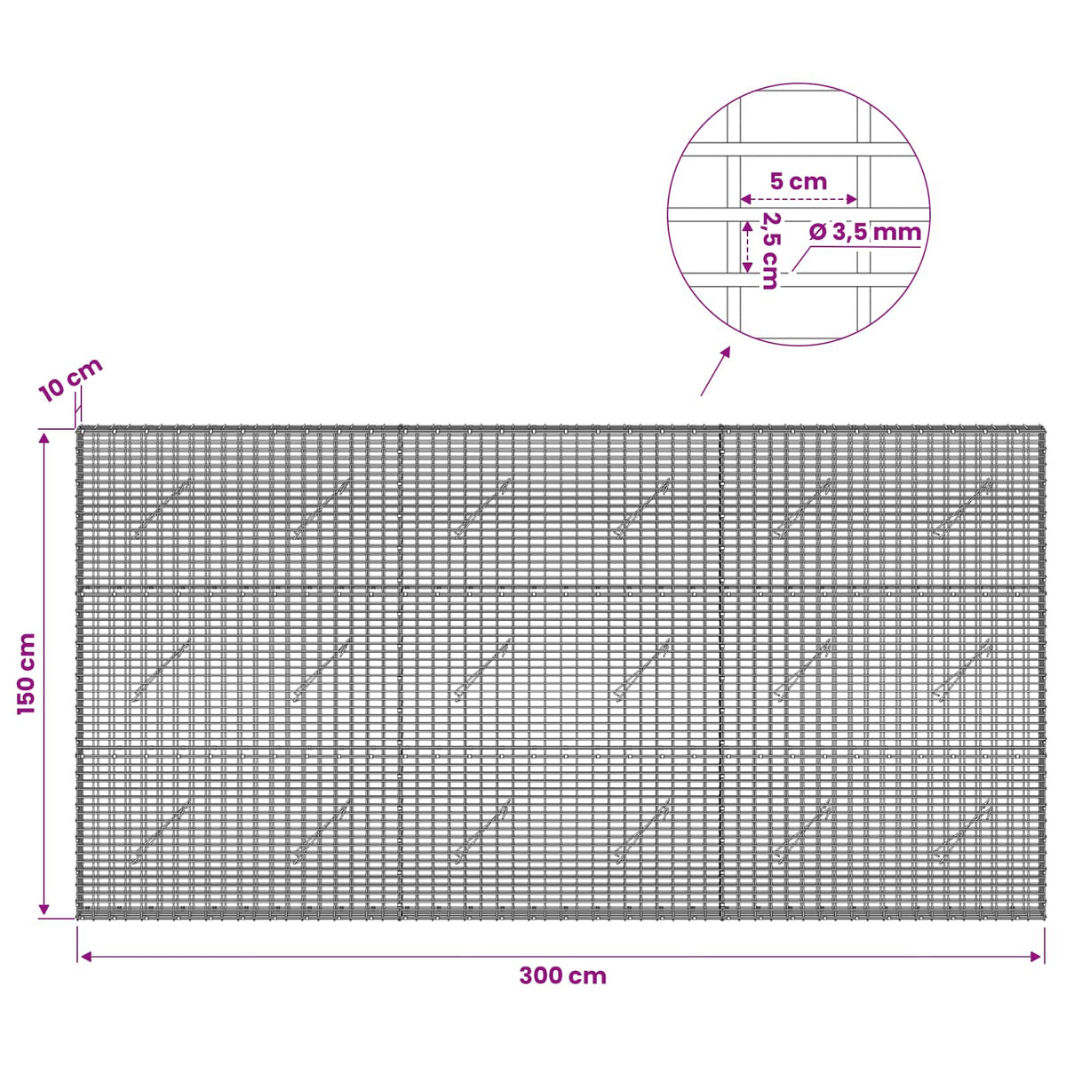 vidaXL Gabion z drutu 3,5 mm i siatką 5x2,5 cm 300x10x150 cm