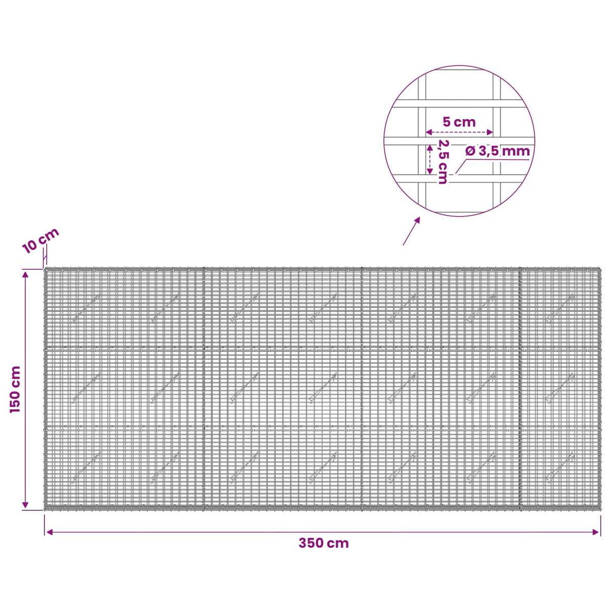 vidaXL Gabion z drutu 3,5 mm i siatką 5x2,5 cm 350x10x150 cm