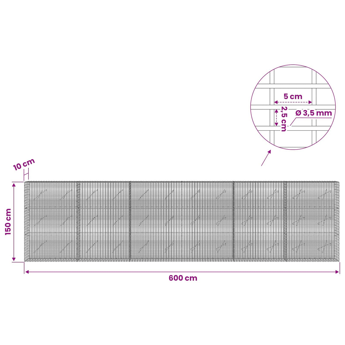 vidaXL Gabion z drutu 3,5 mm i siatką 5x2,5 cm 600x10x150 cm