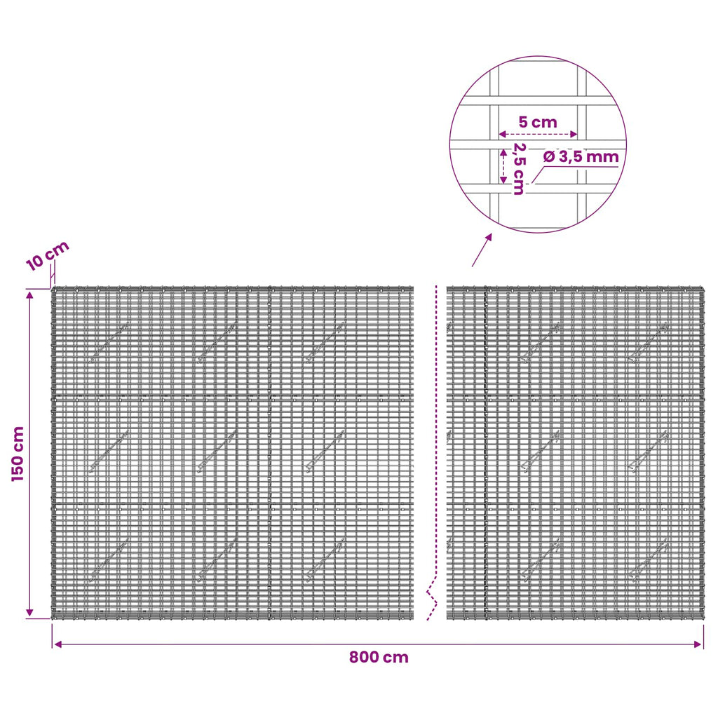 vidaXL Gabion z drutu 3,5 mm i siatką 5x2,5 cm 800x10x150 cm
