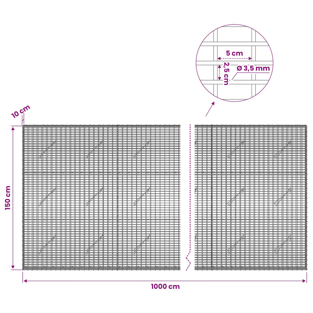 vidaXL Gabion z drutu 3,5 mm i siatką 5x2,5 cm 1000x10x150 cm