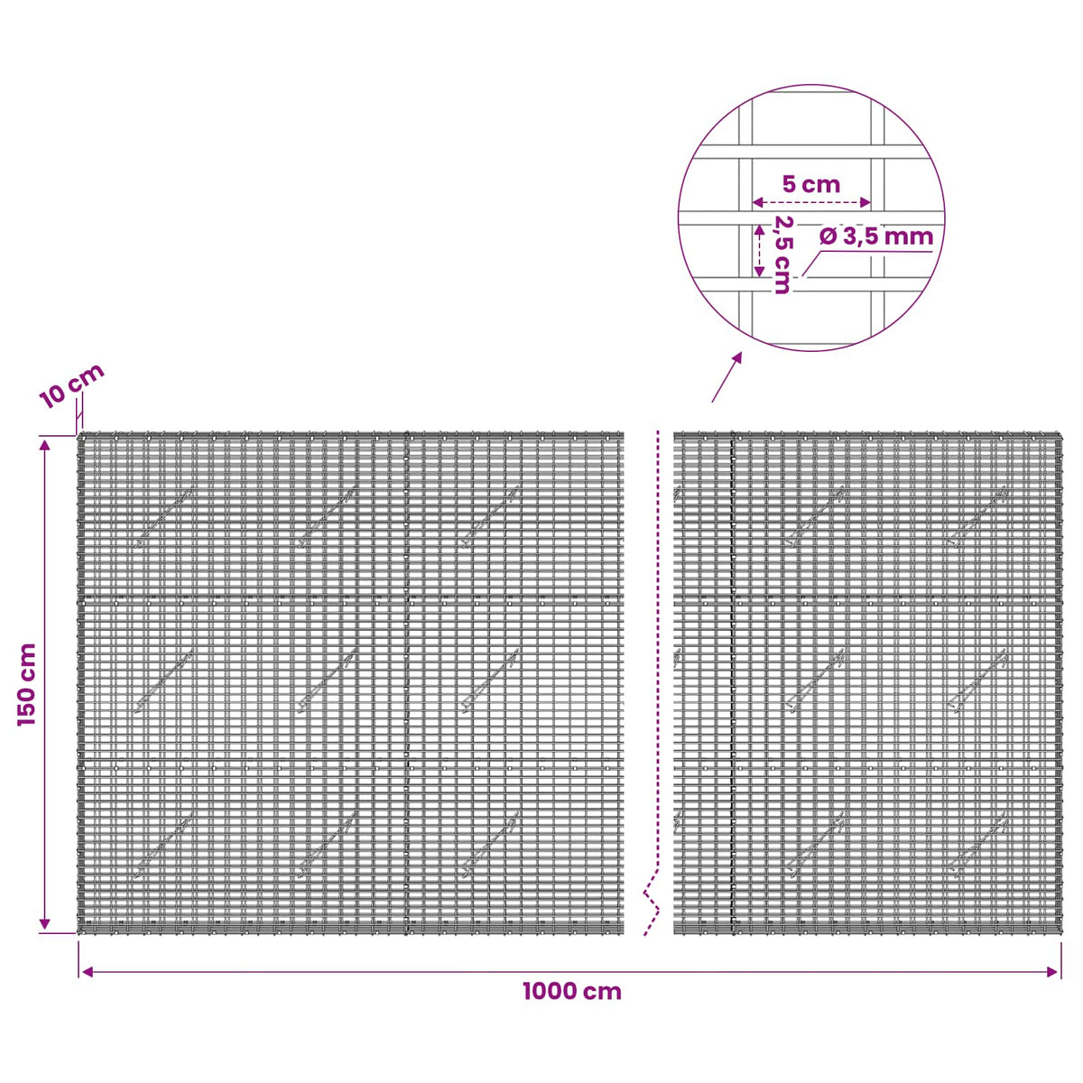 vidaXL Gabion z drutu 3,5 mm i siatką 5x2,5 cm 1000x10x150 cm