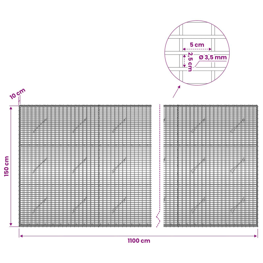 vidaXL Gabion z drutu 3,5 mm i siatką 5x2,5 cm 1100x10x150 cm