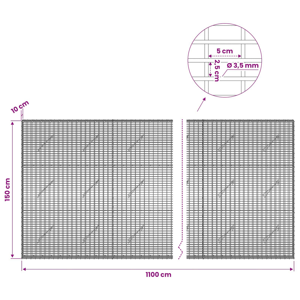 vidaXL Gabion z drutu 3,5 mm i siatką 5x2,5 cm 1100x10x150 cm