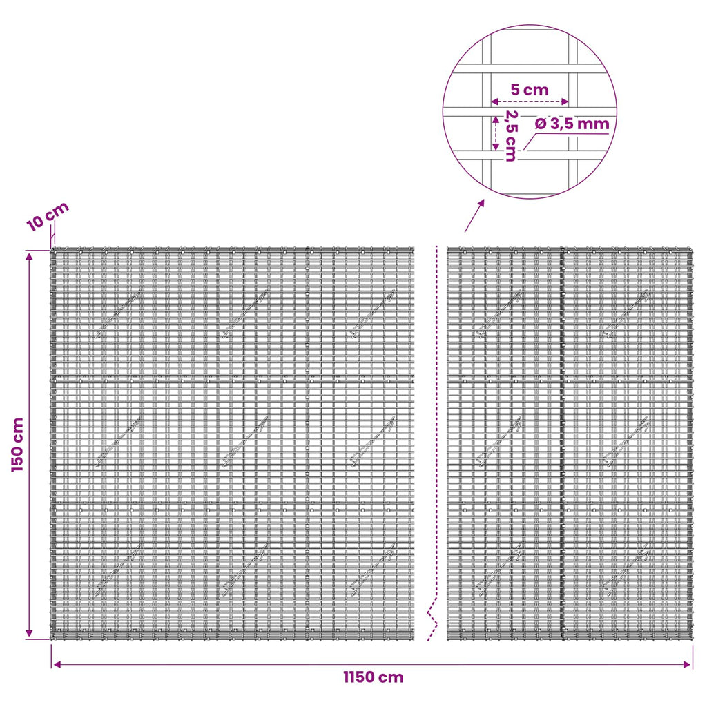 vidaXL Gabion z drutu 3,5 mm i siatką 5x2,5 cm 1150x10x150 cm