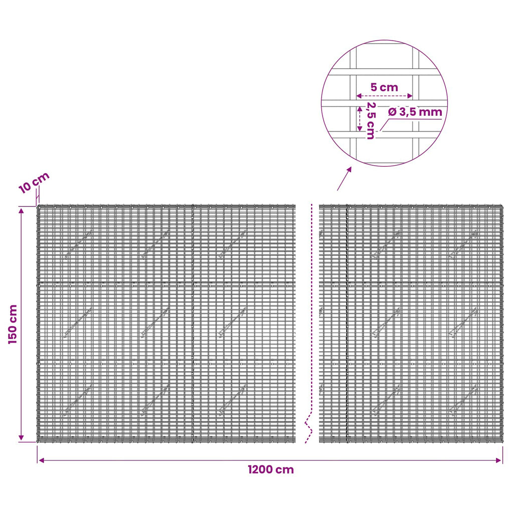 vidaXL Gabion z drutu 3,5 mm i siatką 5x2,5 cm 1200x10x150 cm