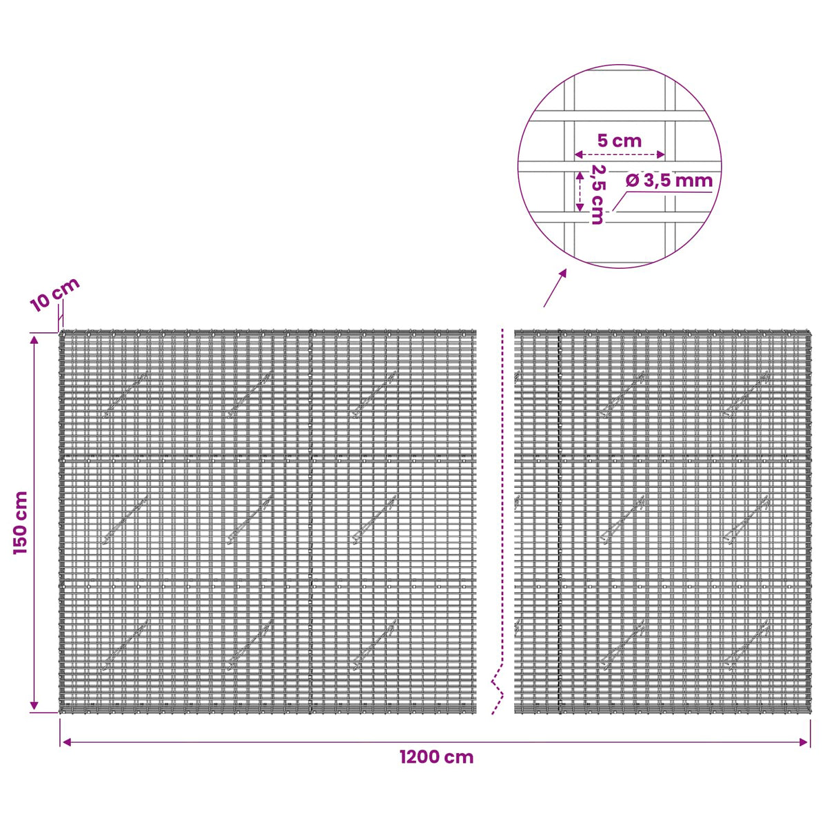 vidaXL Gabion z drutu 3,5 mm i siatką 5x2,5 cm 1200x10x150 cm