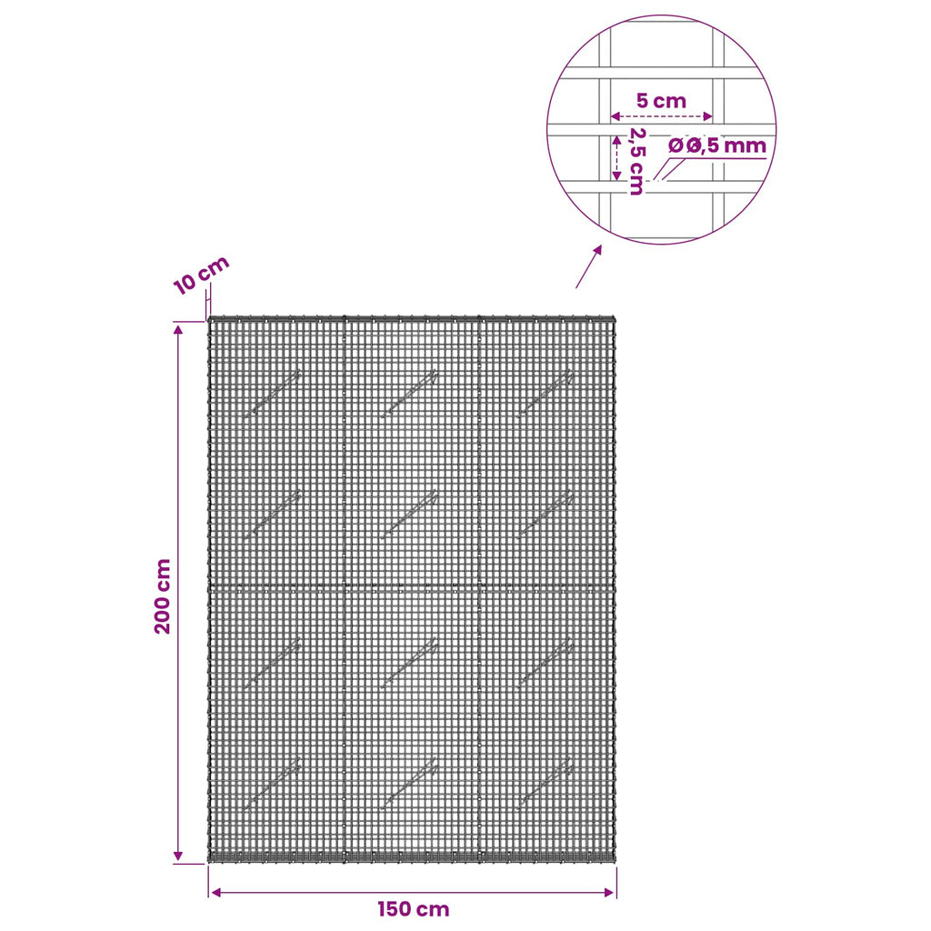vidaXL Gabion z drutu 3,5 mm i siatką 5x2,5 cm 150x10x200 cm