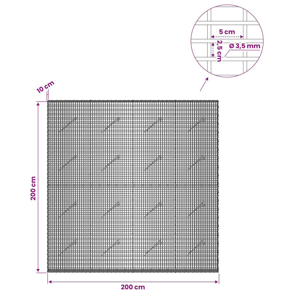 vidaXL Gabion z drutu 3,5 mm i siatką 5x2,5 cm 200x10x200 cm