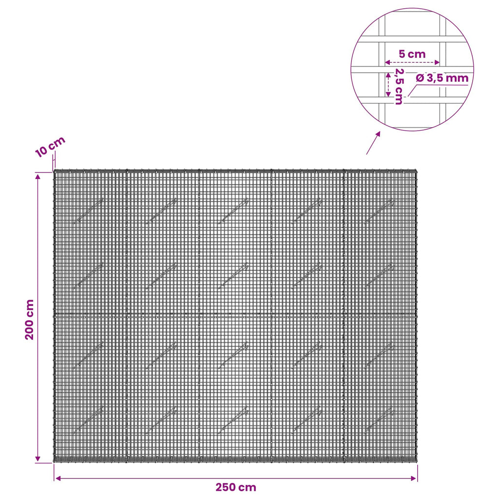 vidaXL Gabion z drutu 3,5 mm i siatką 5x2,5 cm 250x10x200 cm