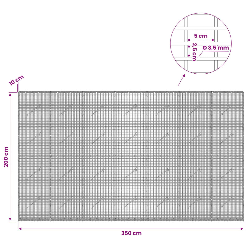 vidaXL Gabion z drutu 3,5 mm i siatką 5x2,5 cm 350x10x200 cm