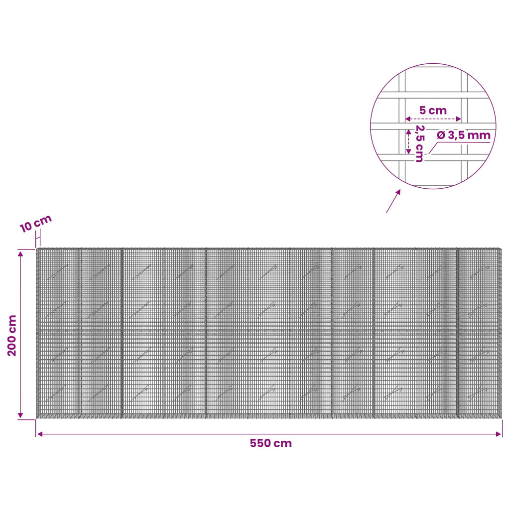 vidaXL Gabion z drutu 3,5 mm i siatką 5x2,5 cm 550x10x200 cm