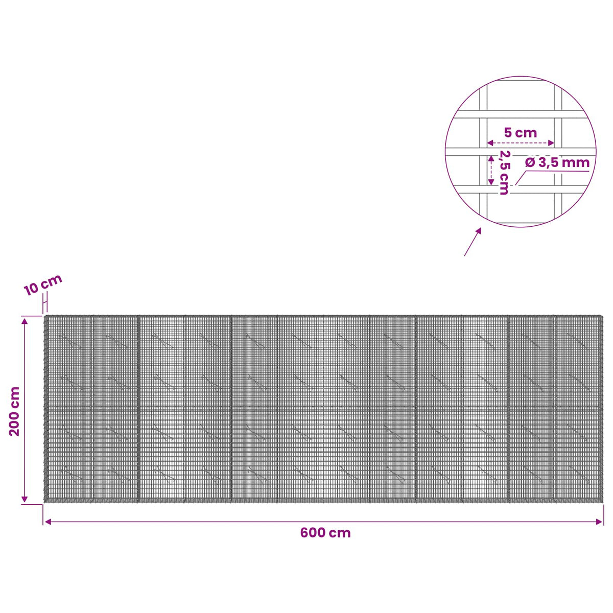 vidaXL Gabion z drutu 3,5 mm i siatką 5x2,5 cm 600x10x200 cm