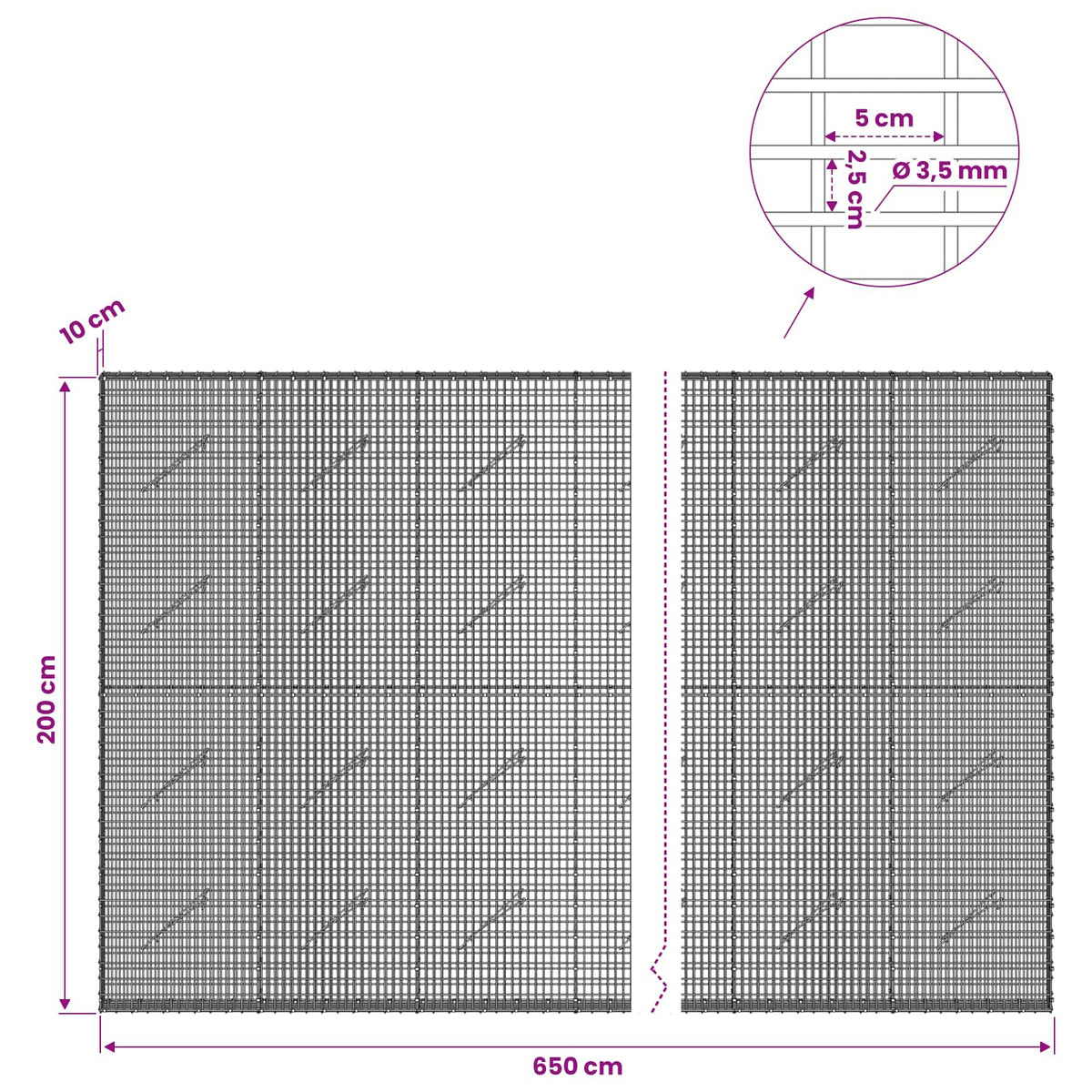 vidaXL Gabion z drutu 3,5 mm i siatką 5x2,5 cm 650x10x200 cm