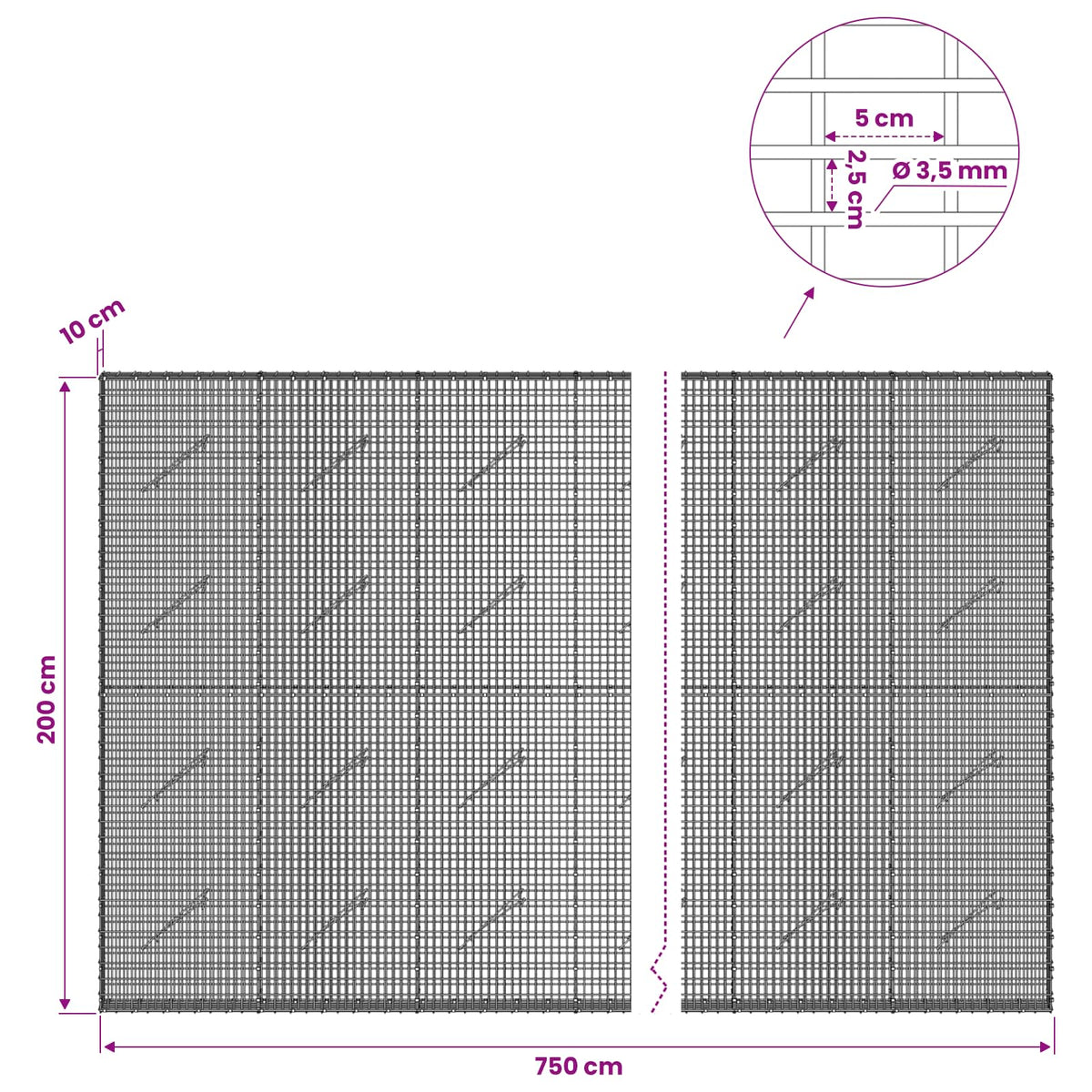 vidaXL Gabion z drutu 3,5 mm i siatką 5x2,5 cm 750x10x200 cm