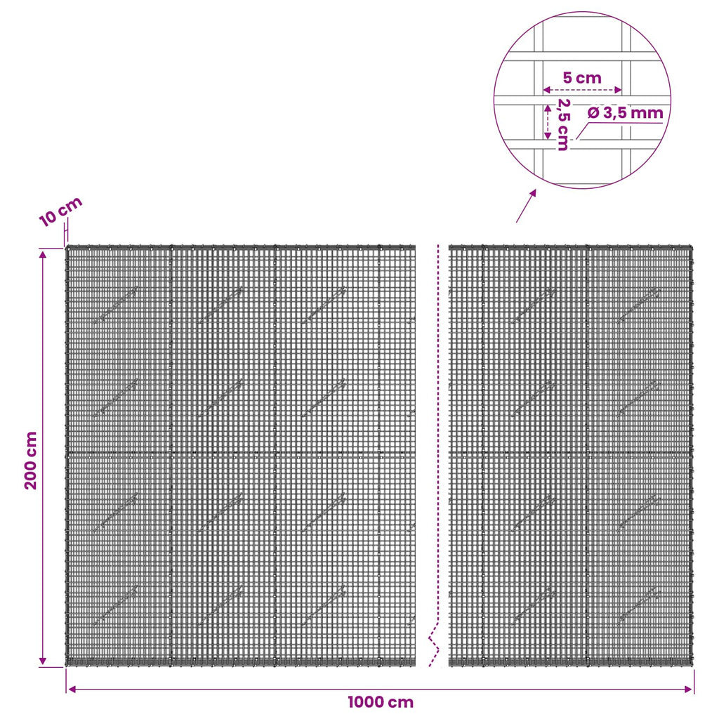 vidaXL Gabion z drutu 3,5 mm i siatką 5x2,5 cm 1000x10x200 cm