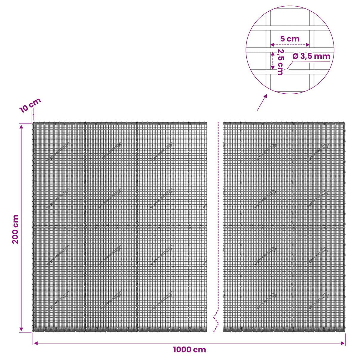 vidaXL Gabion z drutu 3,5 mm i siatką 5x2,5 cm 1000x10x200 cm
