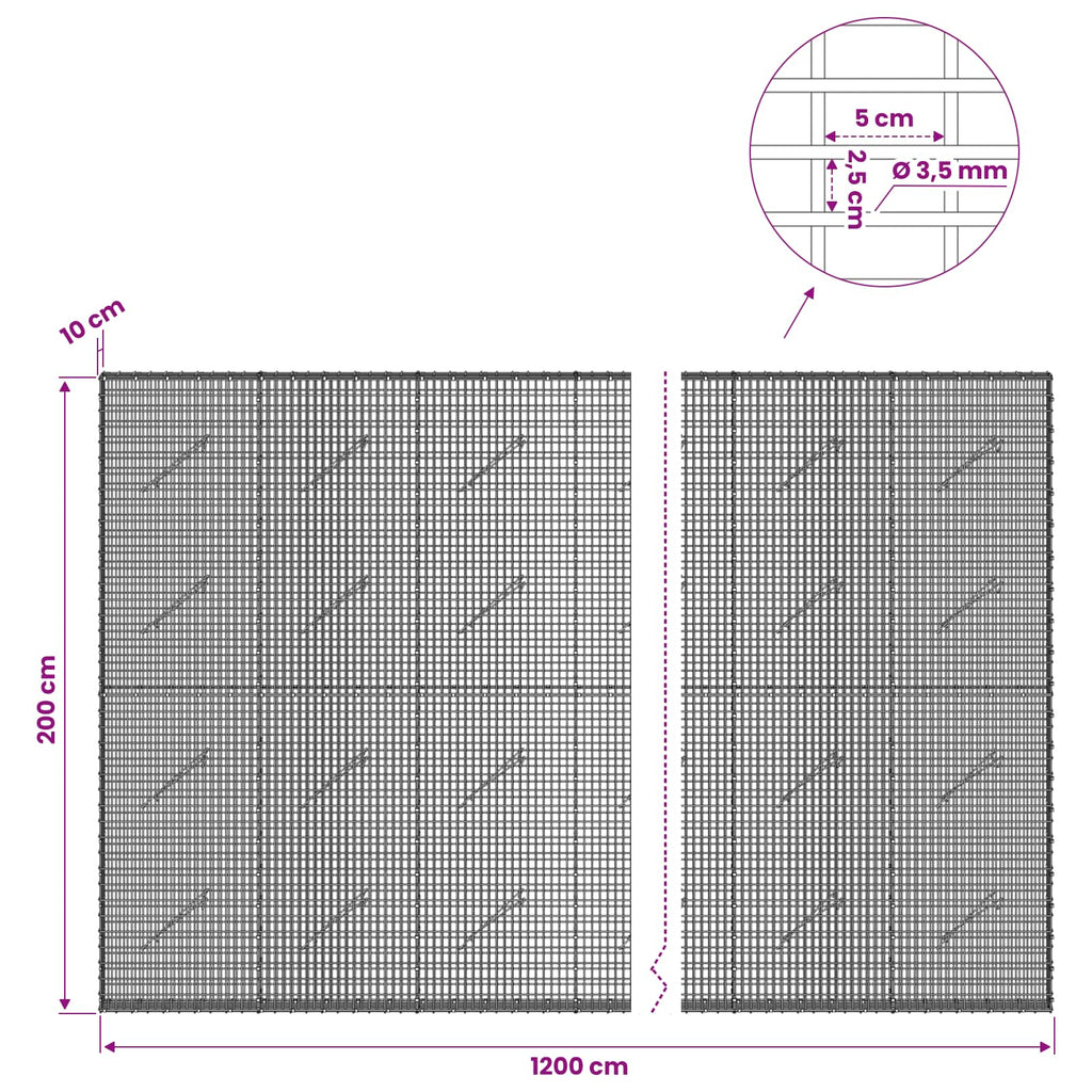 vidaXL Gabion z drutu 3,5 mm i siatką 5x2,5 cm 1200x10x200 cm
