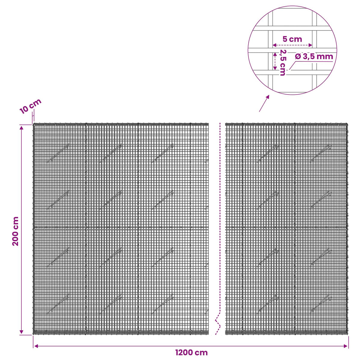 vidaXL Gabion z drutu 3,5 mm i siatką 5x2,5 cm 1200x10x200 cm