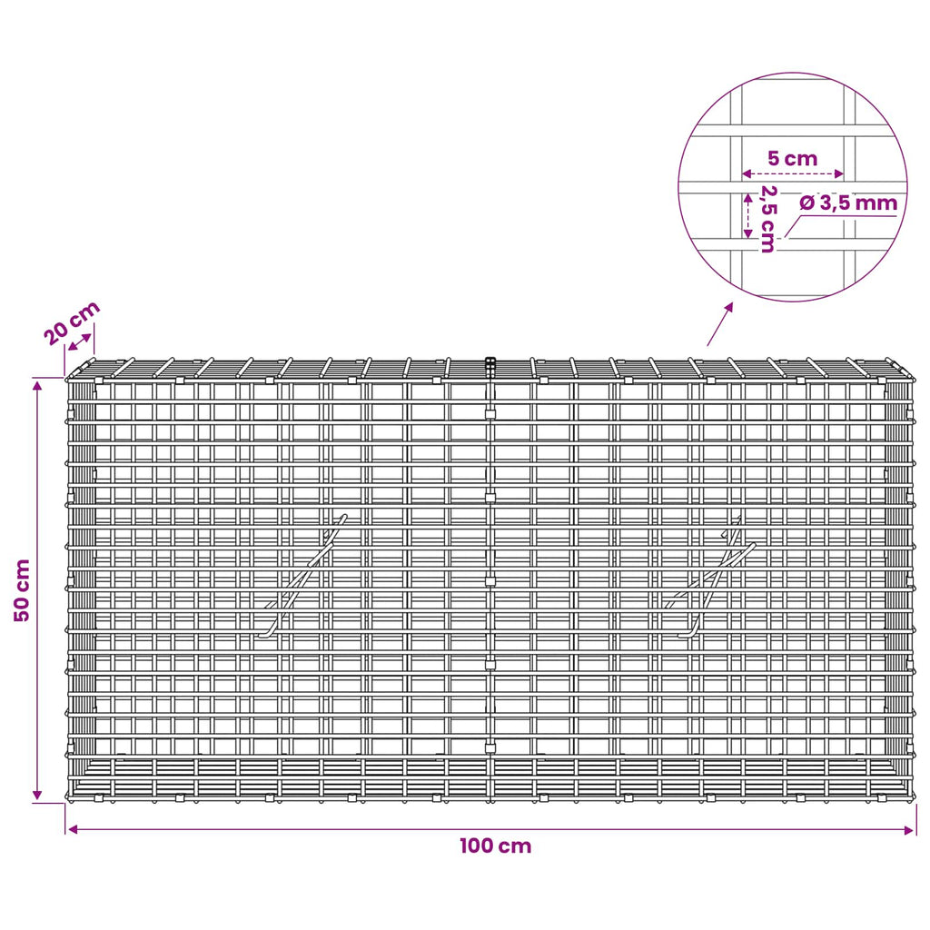 vidaXL Gabion z drutu 3,5 mm i siatką 5x2,5 cm 100x20x50 cm