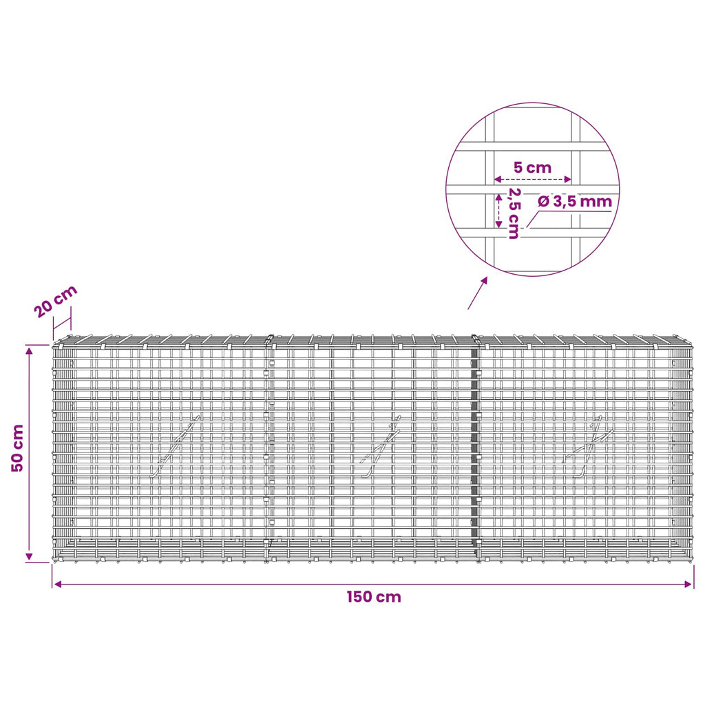 vidaXL Gabion z drutu 3,5 mm i siatką 5x2,5 cm 150x20x50 cm
