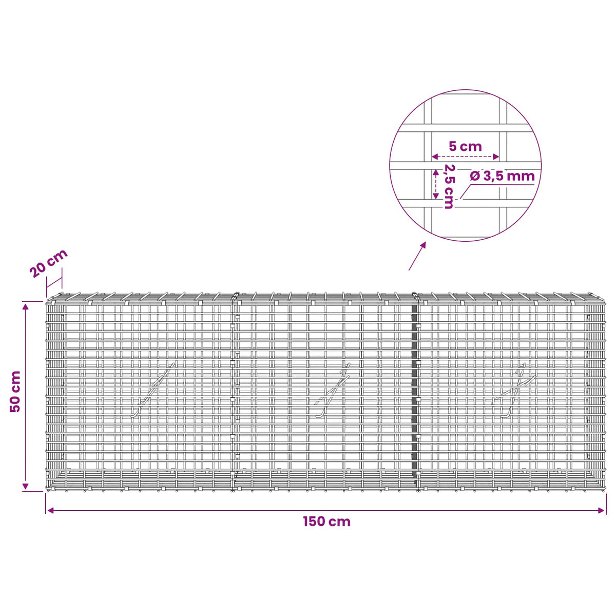 vidaXL Gabion z drutu 3,5 mm i siatką 5x2,5 cm 150x20x50 cm