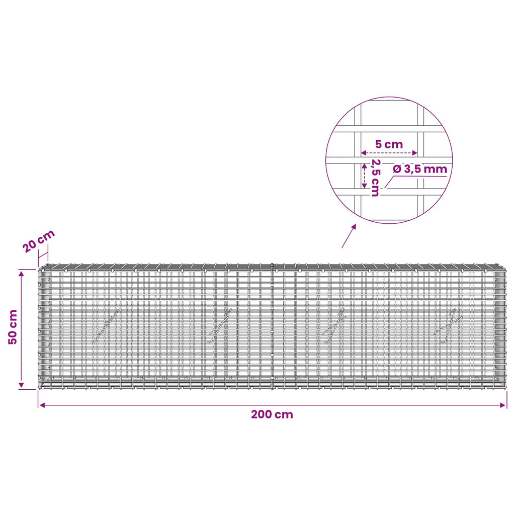 vidaXL Gabion z drutu 3,5 mm i siatką 5x2,5 cm 200x20x50 cm