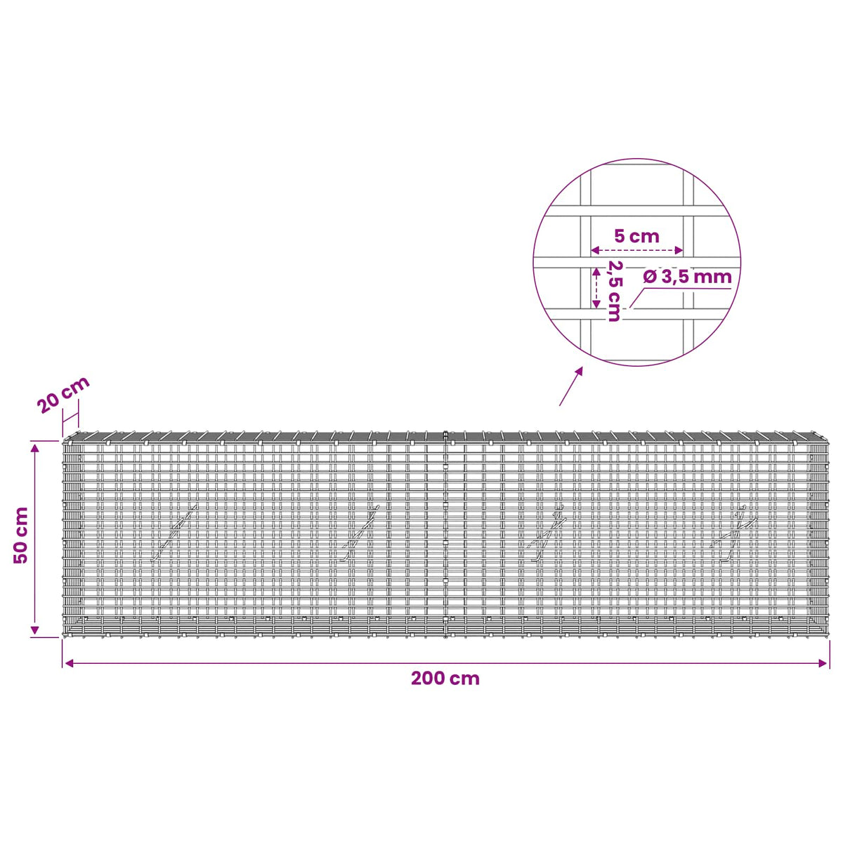 vidaXL Gabion z drutu 3,5 mm i siatką 5x2,5 cm 200x20x50 cm