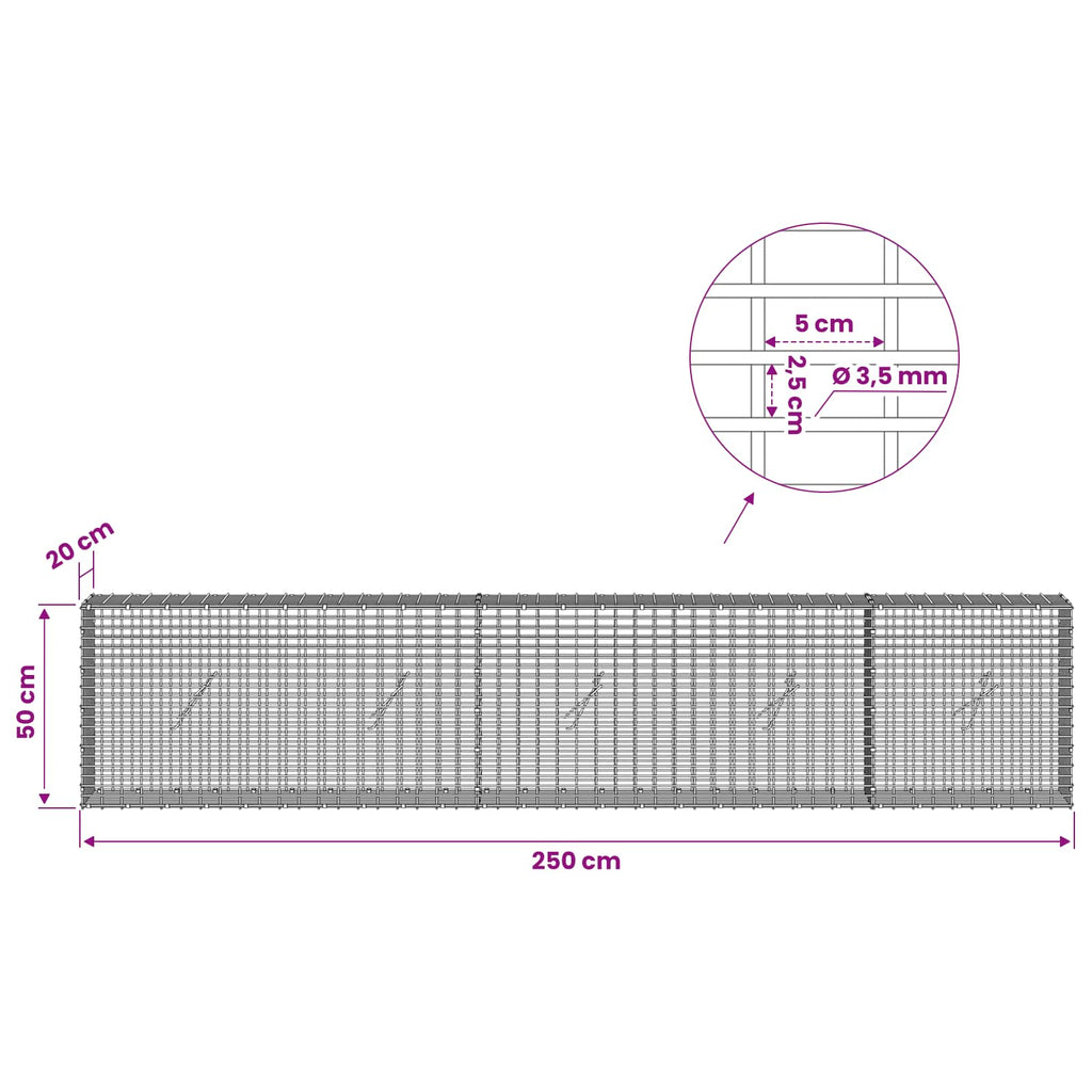 vidaXL Gabion z drutu 3,5 mm i siatką 5x2,5 cm 250x20x50 cm