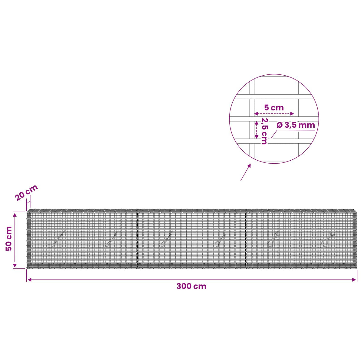 vidaXL Gabion z drutu 3,5 mm i siatką 5x2,5 cm 300x20x50 cm