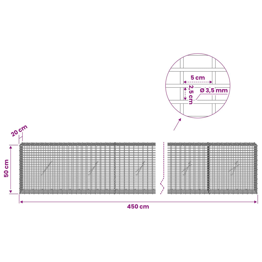 vidaXL Gabion z drutu 3,5 mm i siatką 5x2,5 cm 450x20x50 cm