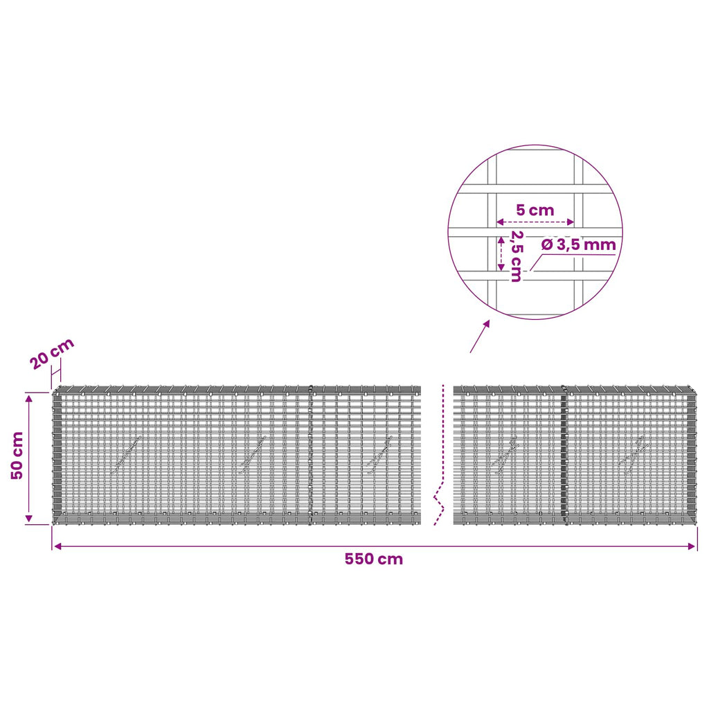 vidaXL Gabion z drutu 3,5 mm i siatką 5x2,5 cm 550x20x50 cm