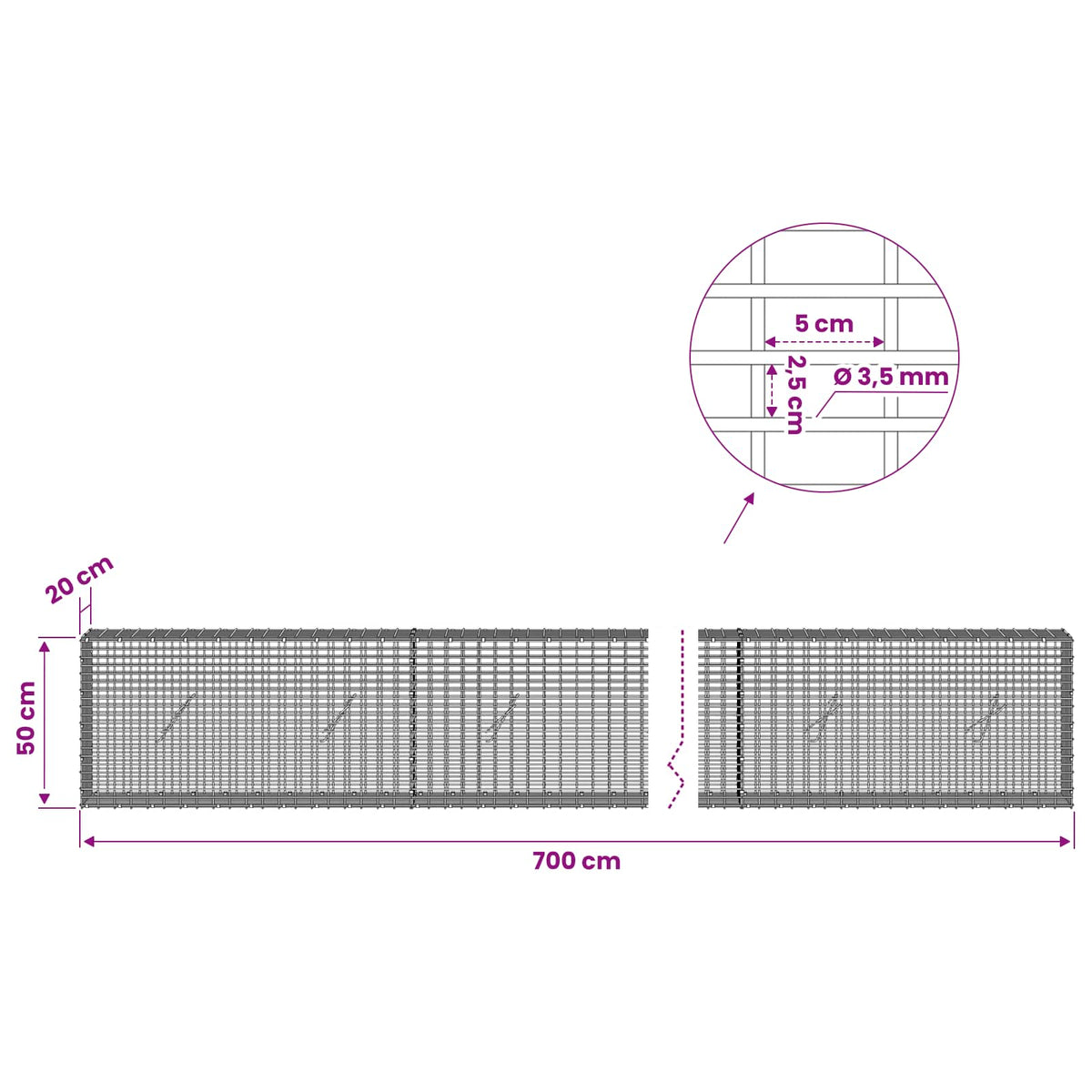 vidaXL Gabion z drutu 3,5 mm i siatką 5x2,5 cm 700x20x50 cm