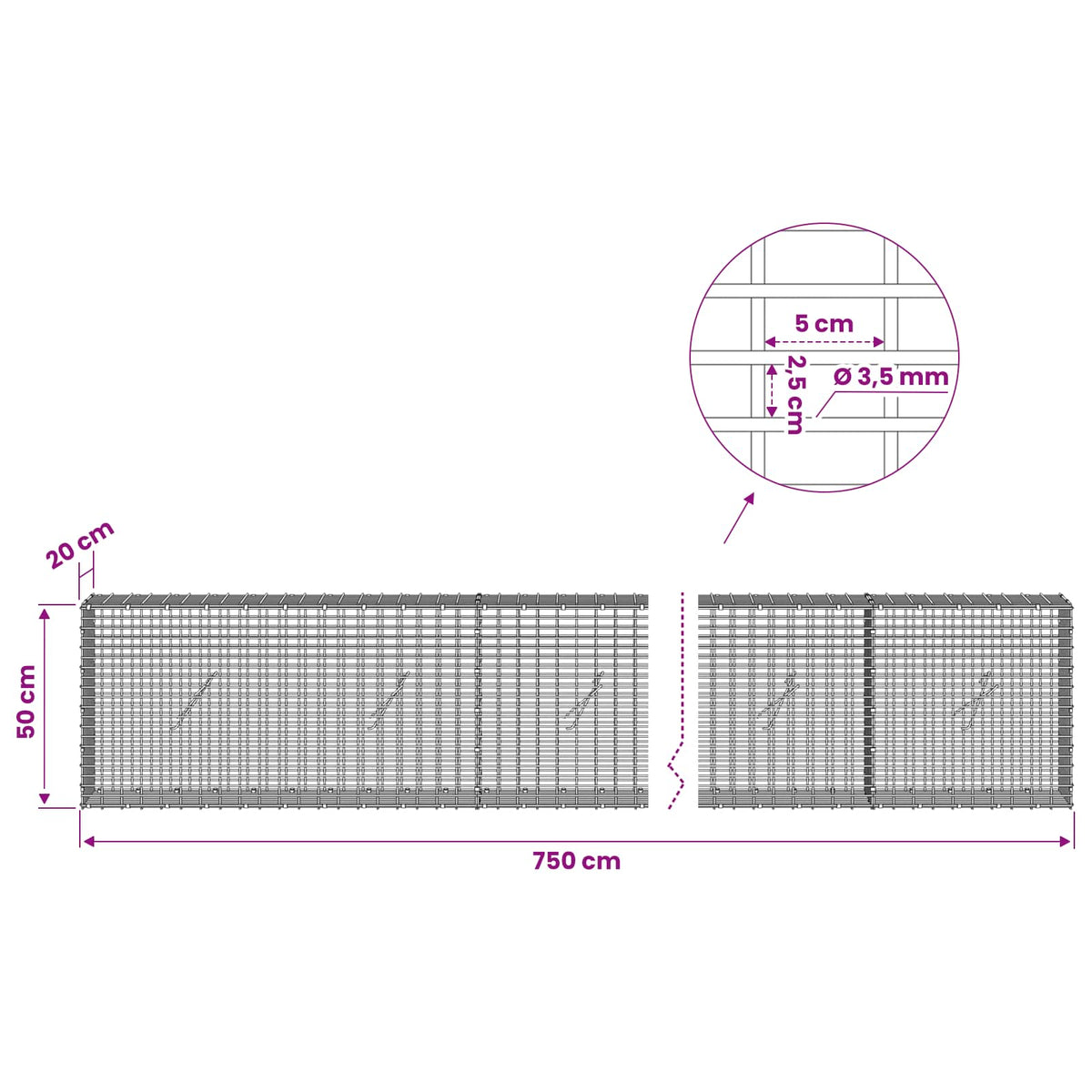 vidaXL Gabion z drutu 3,5 mm i siatką 5x2,5 cm 750x20x50 cm