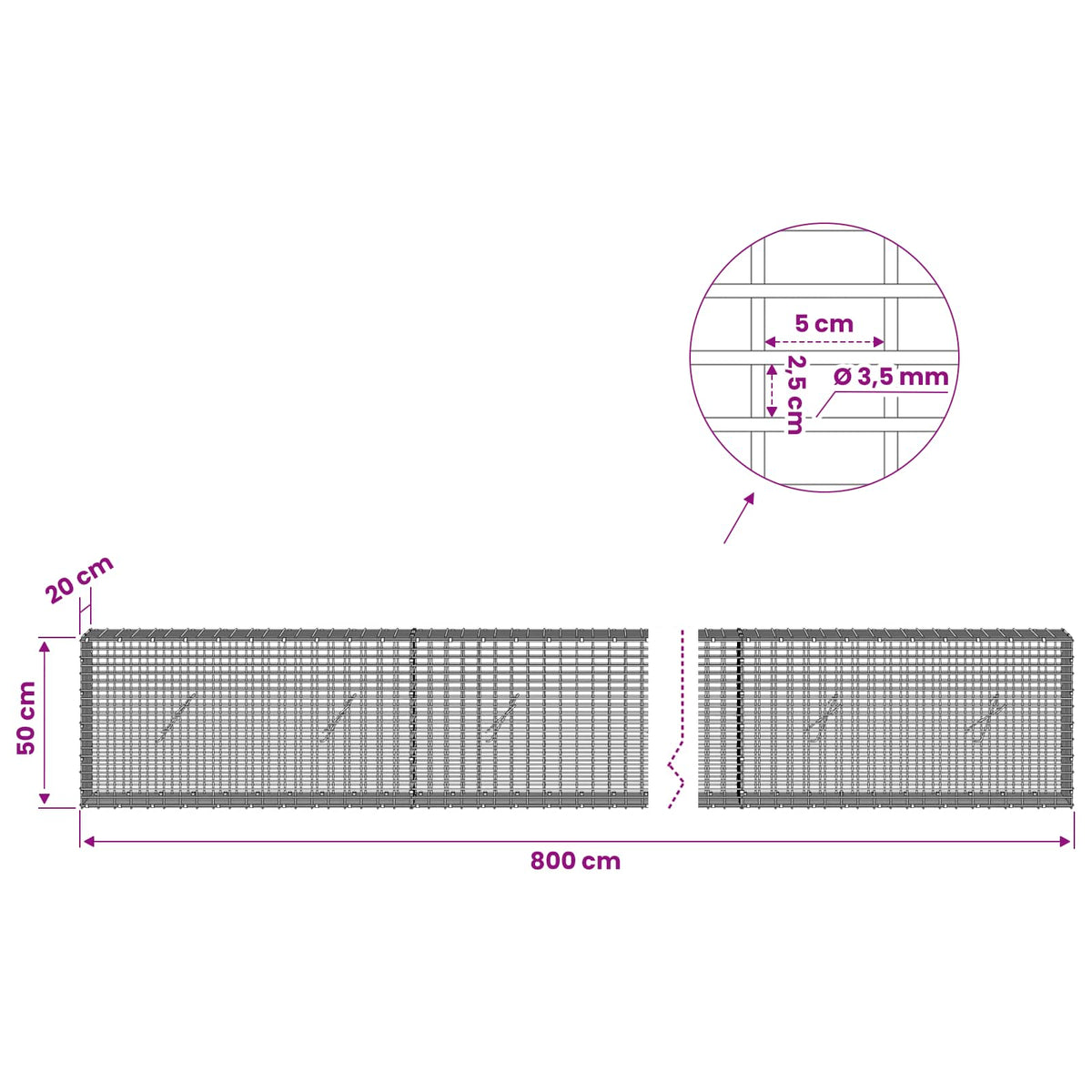 vidaXL Gabion z drutu 3,5 mm i siatką 5x2,5 cm 800x20x50 cm