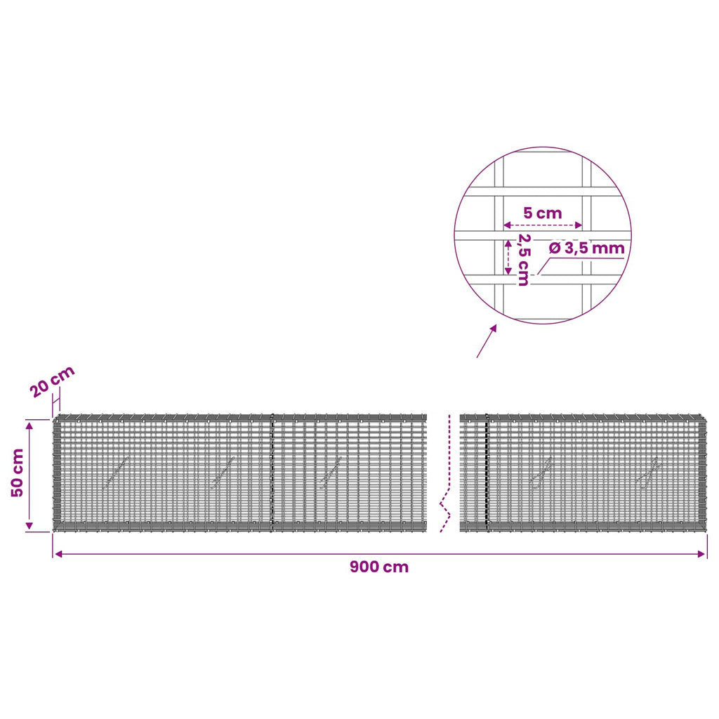 vidaXL Gabion z drutu 3,5 mm i siatką 5x2,5 cm 900x20x50 cm