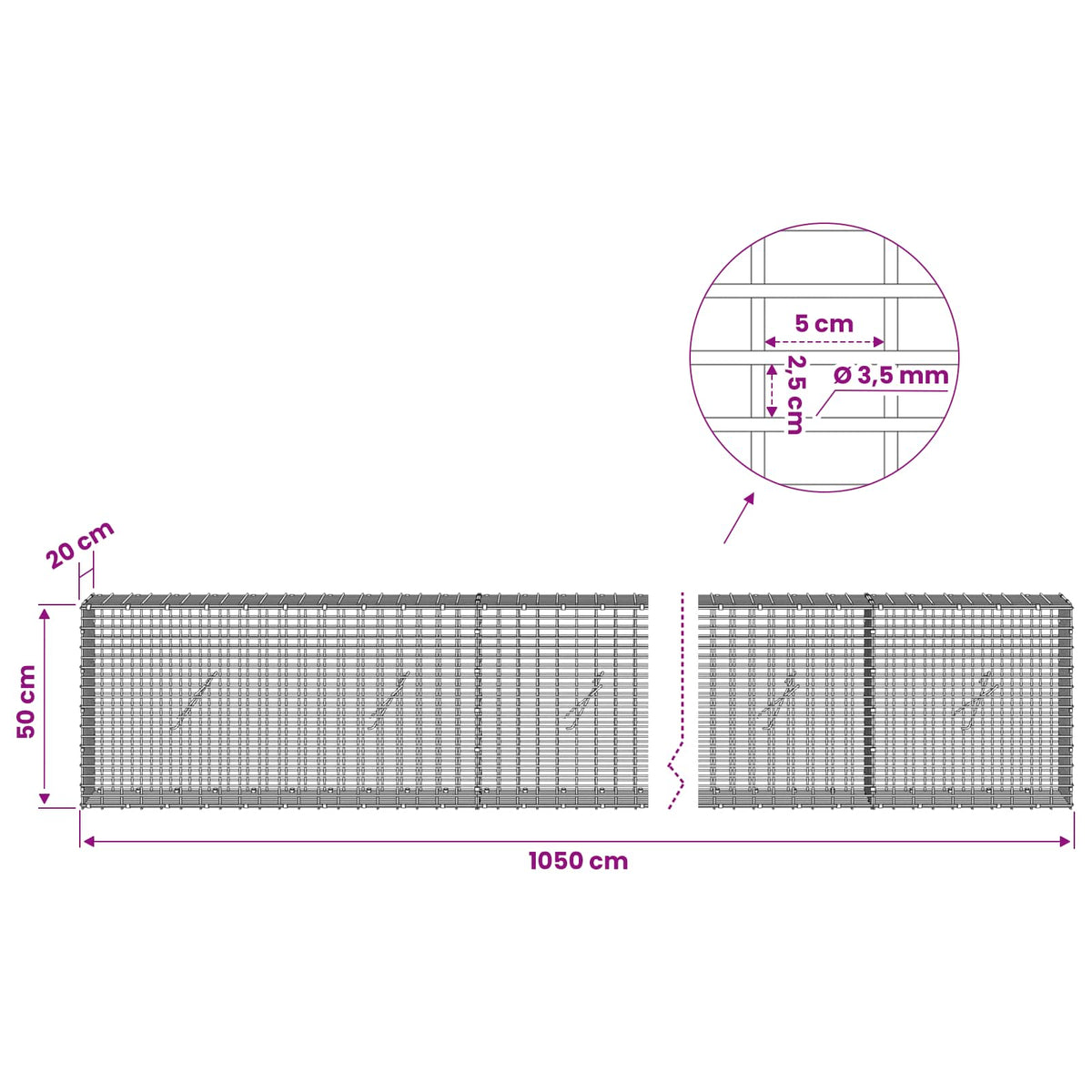 vidaXL Gabion z drutu 3,5 mm i siatką 5x2,5 cm 1050x20x50 cm