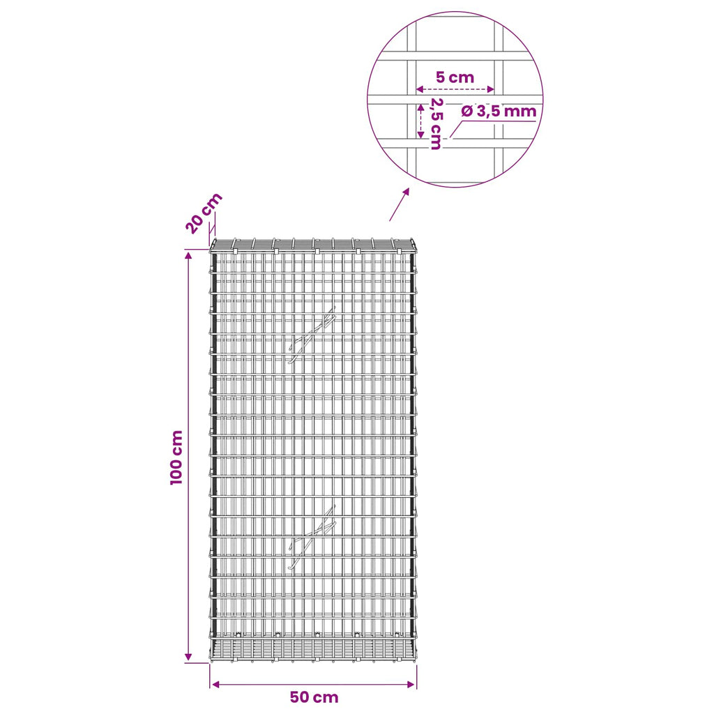 vidaXL Gabion z drutu 3,5 mm i siatką 5x2,5 cm 50x20x100 cm