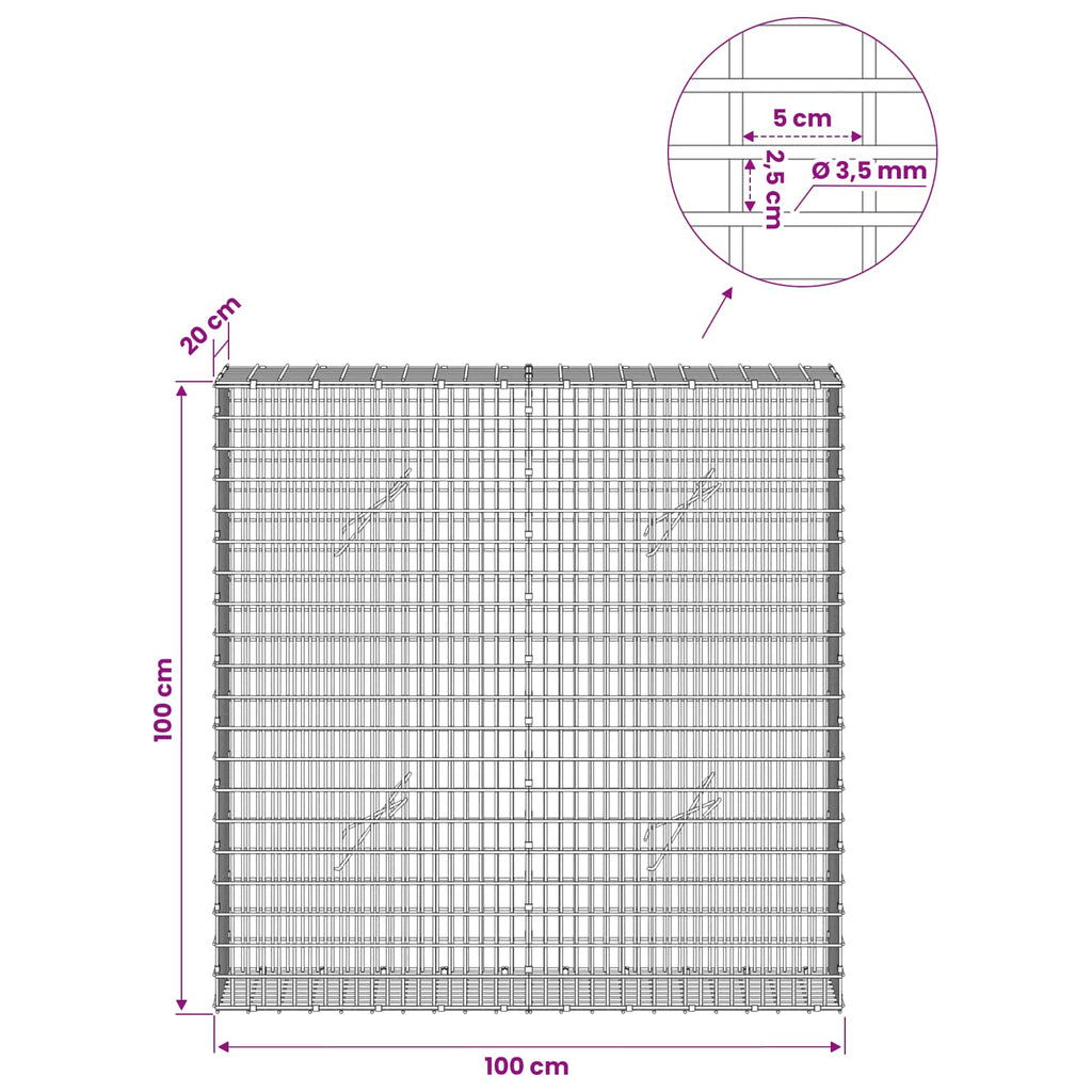 vidaXL Gabion z drutu 3,5 mm i siatką 5x2,5 cm 100x20x100 cm