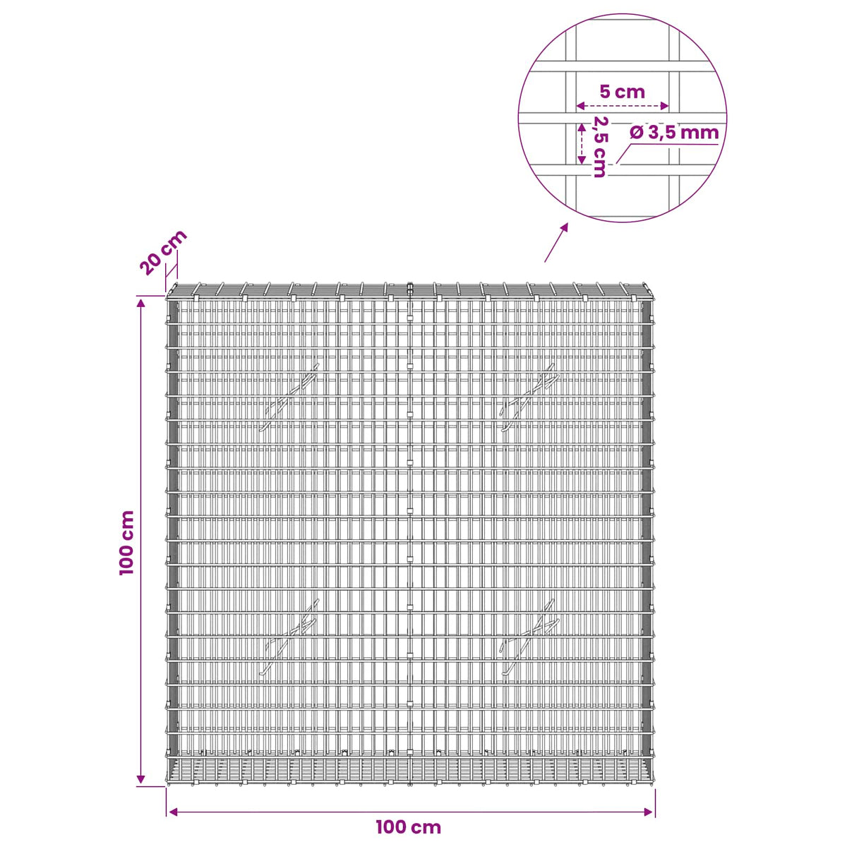vidaXL Gabion z drutu 3,5 mm i siatką 5x2,5 cm 100x20x100 cm
