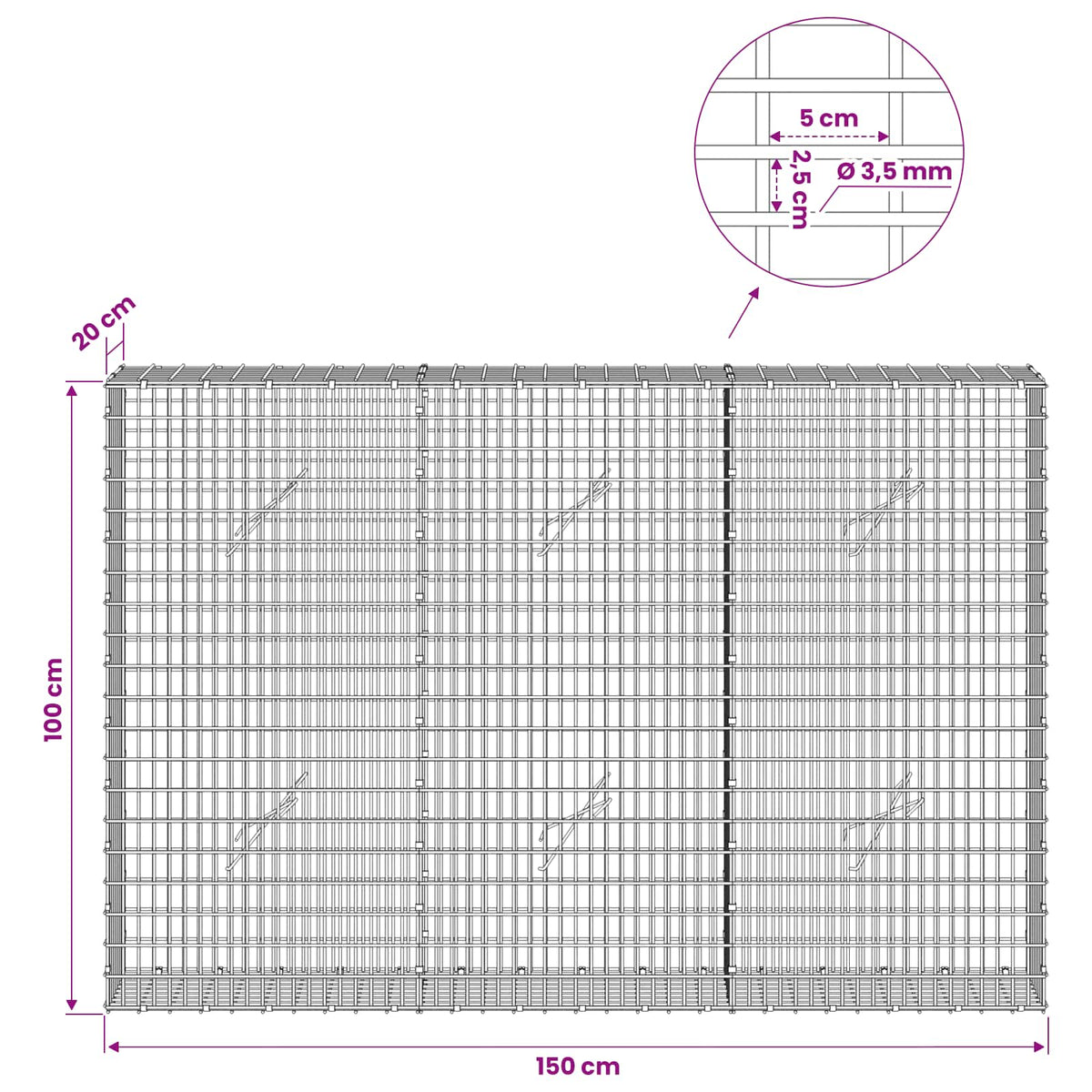 vidaXL Gabion z drutu 3,5 mm i siatką 5x2,5 cm 150x20x100 cm