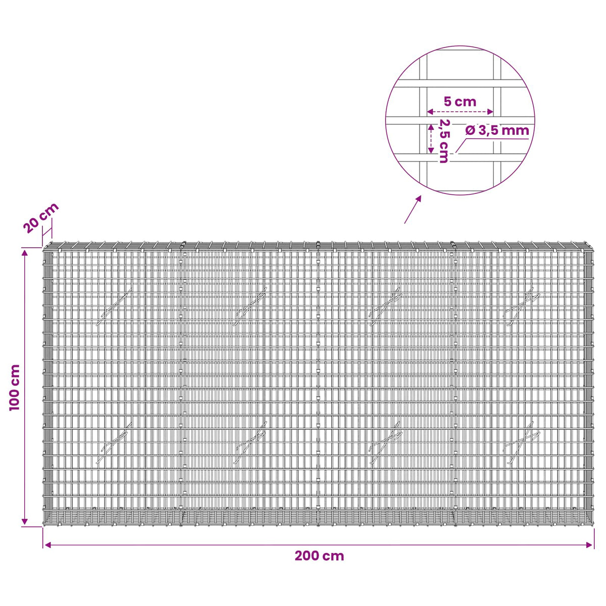 vidaXL Gabion z drutu 3,5 mm i siatką 5x2,5 cm 200x20x100 cm