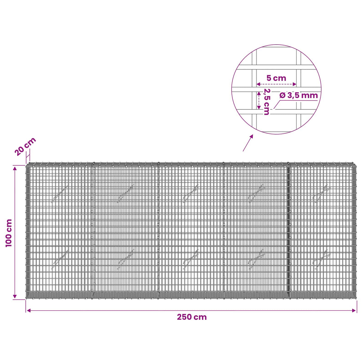 vidaXL Gabion z drutu 3,5 mm i siatką 5x2,5 cm 250x20x100 cm
