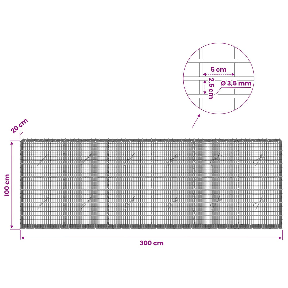 vidaXL Gabion z drutu 3,5 mm i siatką 5x2,5 cm 300x20x100 cm